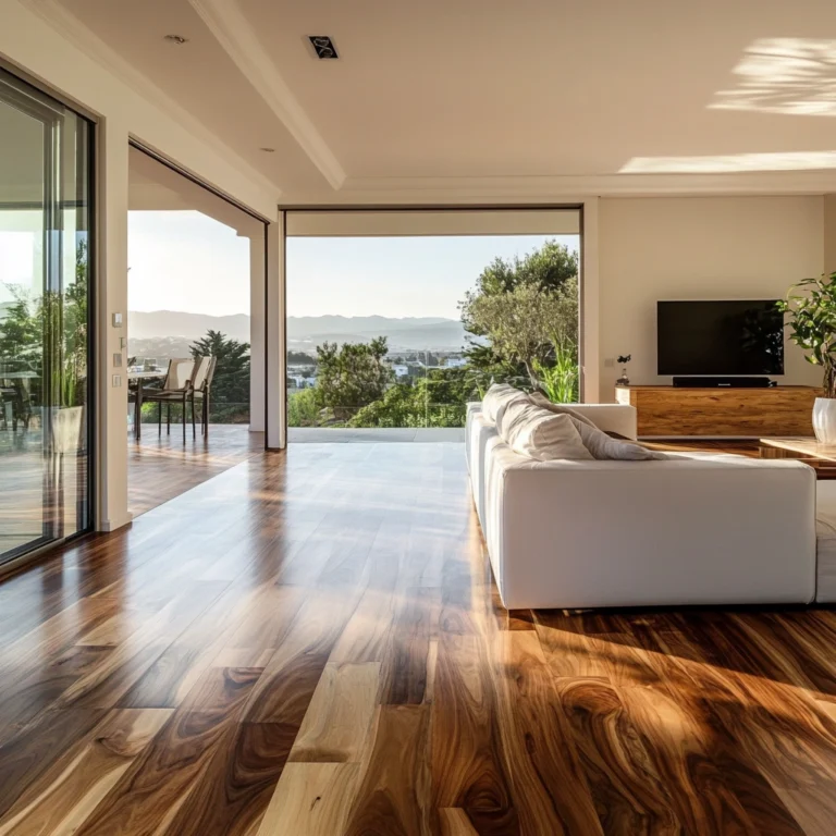 Wide-plank acacia flooring with rich chocolate and caramel tones in open-plan coastal living room
