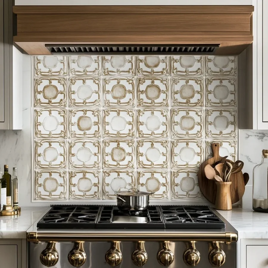 Modern kitchen with designer backsplash tile vibrant patterns and subtle under-cabinet lighting professional architectural photography
