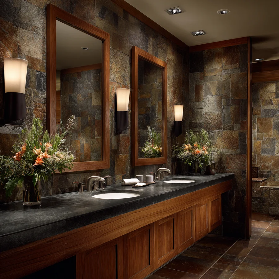Luxury bathroom featuring spa-style tile with natural surfaces and soft lighting professional architectural photography
