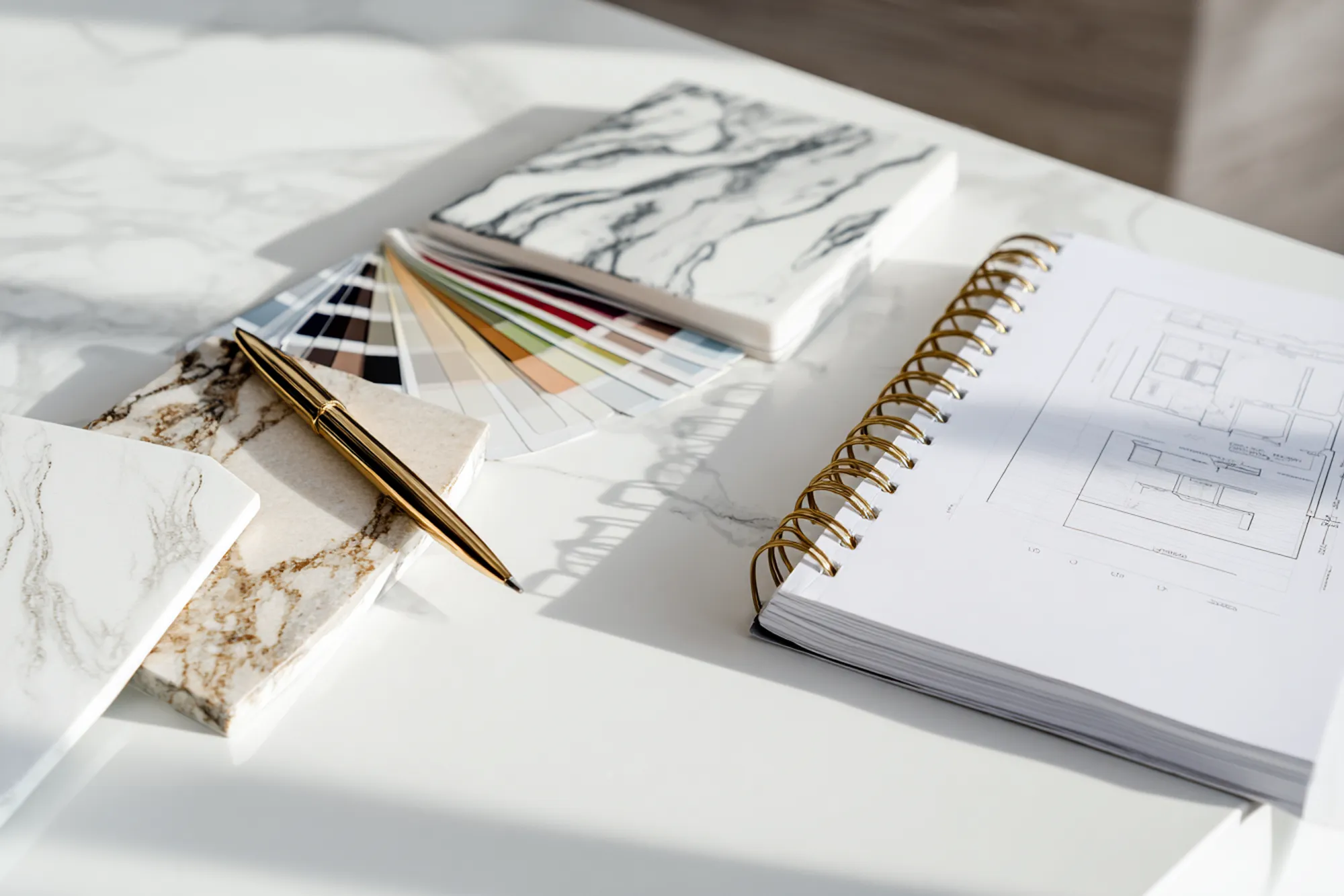Beautiful tile and stone samples on a table with design plans in natural light.