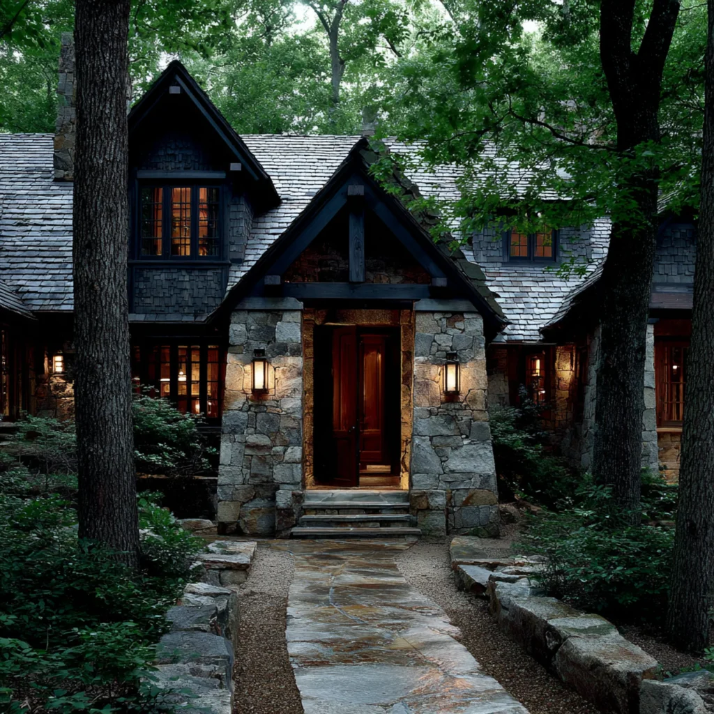 Rustic woodland cottage with rugged ledger-stone façade and flagstone path
