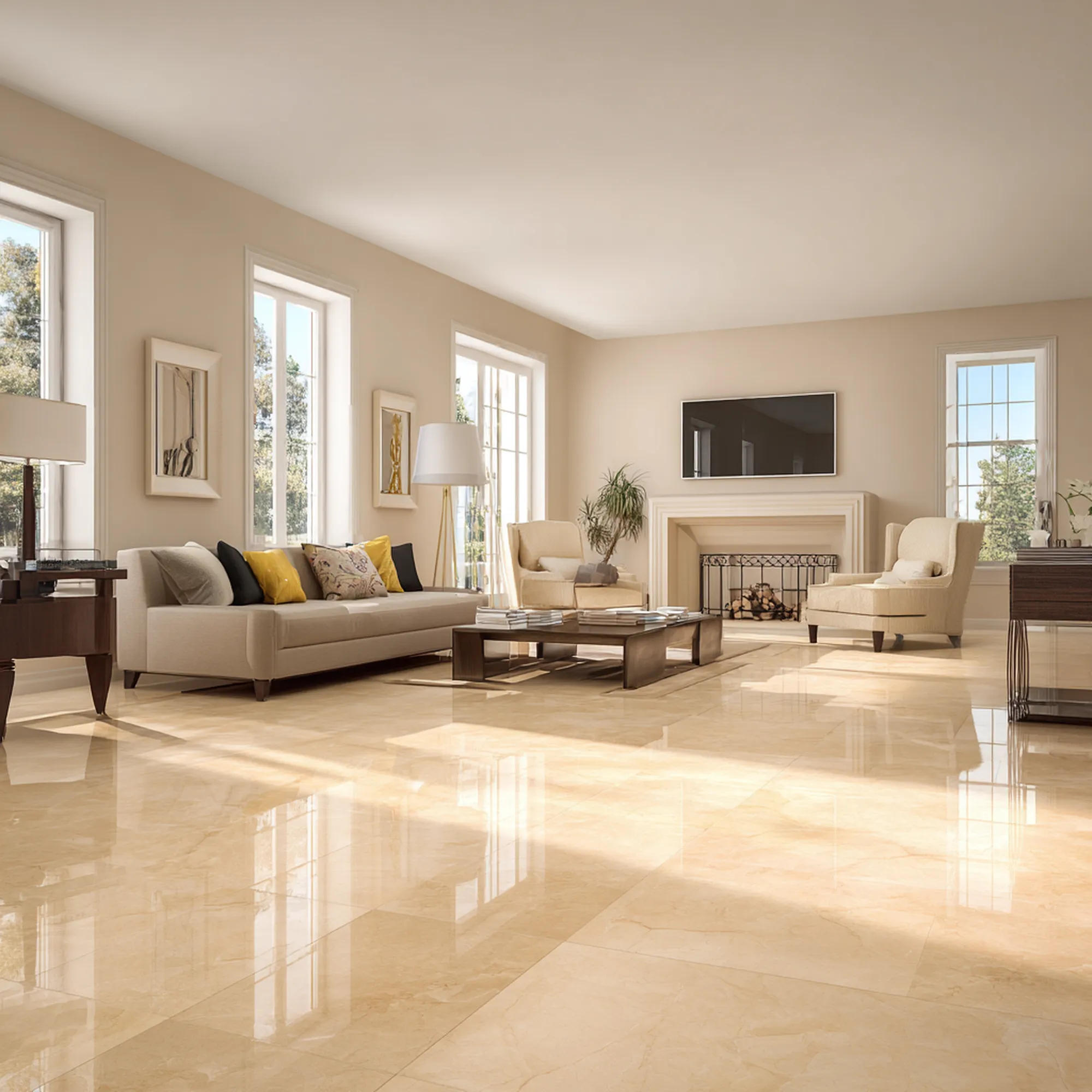 Polished beige marble floor tiles in a bright living room with modern seating
