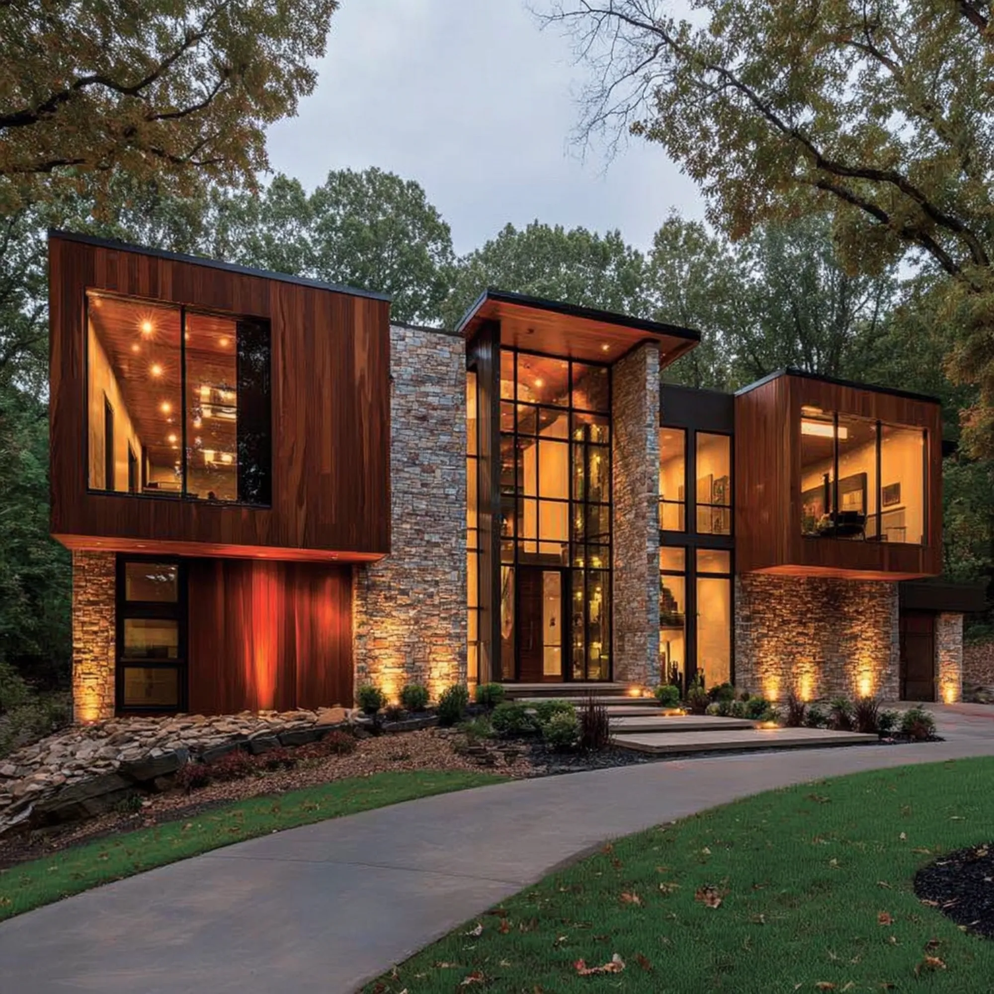 Contemporary glass-and-wood house illuminated against stacked-stone veneer walls