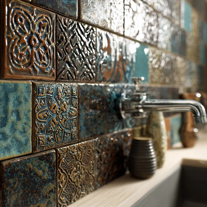 Hand-crafted bronze ceramic relief tiles surrounding a faucet on rustic vanity