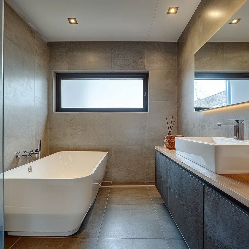 Spacious loft with concrete-look tile matte finishes and industrial decor elements professional architectural photography