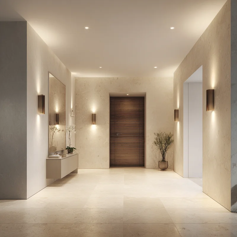 Minimalist entryway featuring beige limestone tile and soft natural lighting