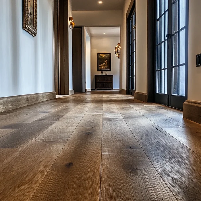 European-oak wide planks lining an elegant hallway with black-framed doors
