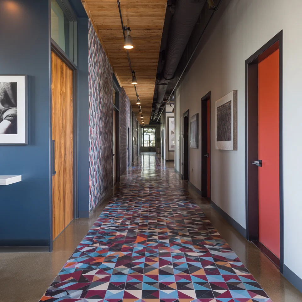 Bold hallway with geometric tile patterns crisp lines and modern lighting accents professional architectural photography
