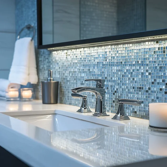 Modern shower backsplash with colorful reflective glass tile accents