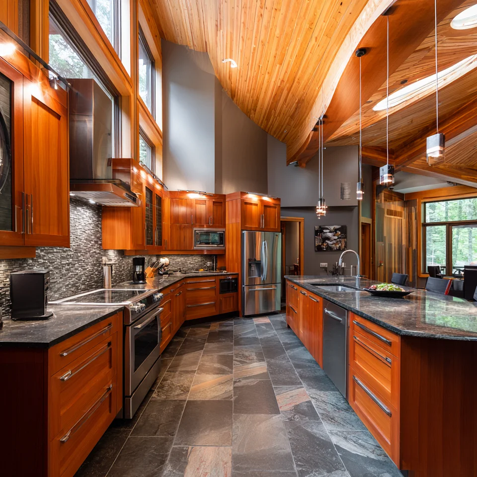 Warm granite tile kitchen floor beneath rich wood cabinetry and skylit ceiling
