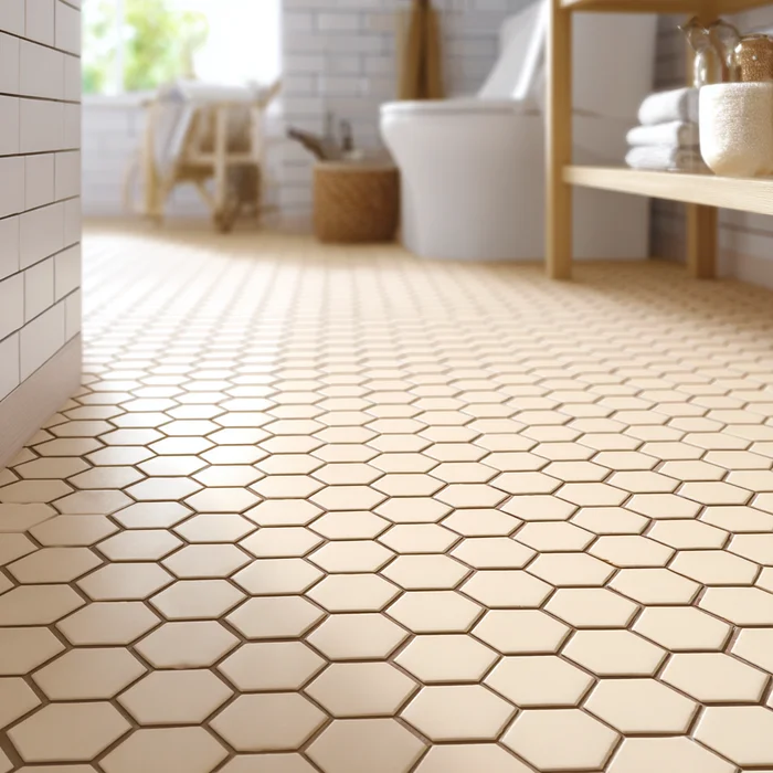 Cream hexagon floor tiles in bright spa bathroom with neutral décor