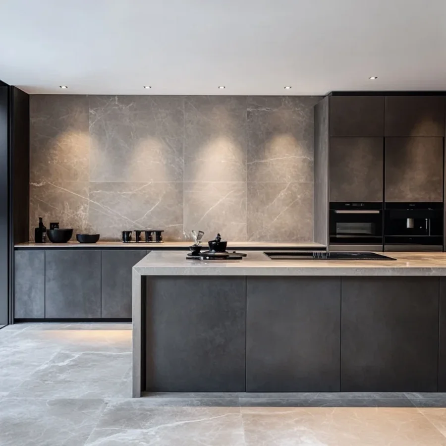 Contemporary kitchen with premium kitchen tile polished surfaces and minimalist cabinetry professional architectural photography
