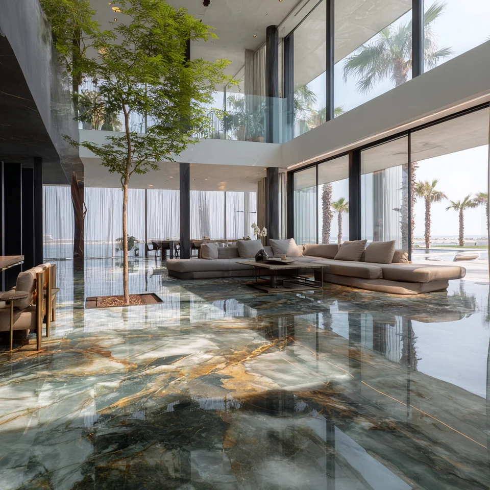 Minimalist interior with large-format tile smooth uninterrupted surfaces and ambient lighting professional architectural photography
