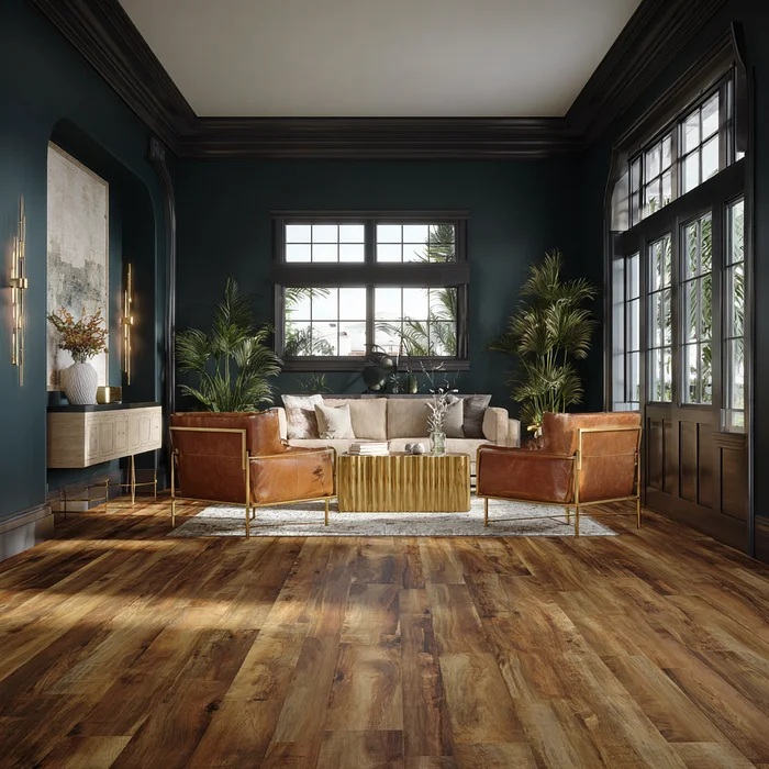 Rustic brown wood-look plank flooring grounding dark-teal lounge with leather chairs and brass accents
