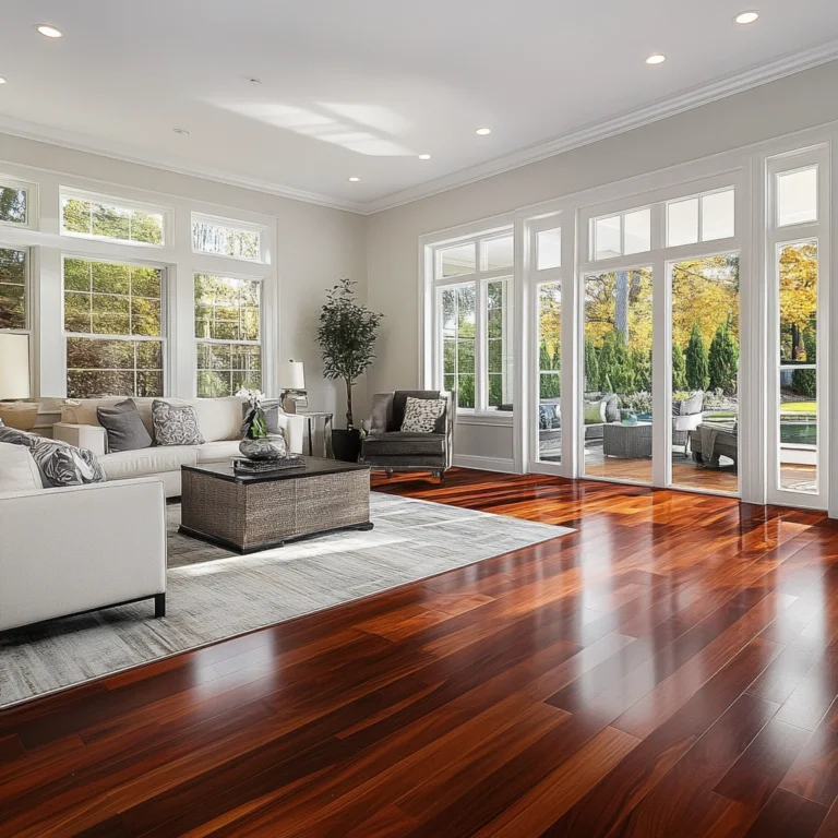 Wide-plank acacia flooring with rich chocolate and caramel tones in open-plan coastal living room
