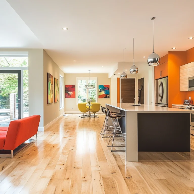 Maple hardwood flooring brightens a modern loft living area, its light champagne tone reflecting daylight for a crisp contemporary glow
