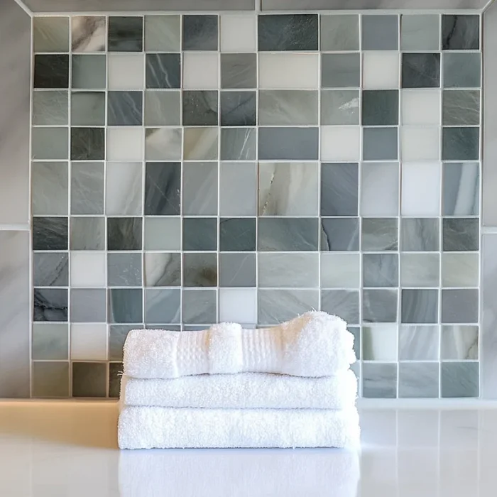 A mosaic with beautiful equally sized sad blue gray marble squares before a stack of white towels.