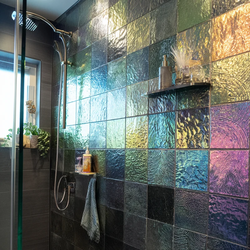 Super stunning glass tile that shimmers in the shower. 