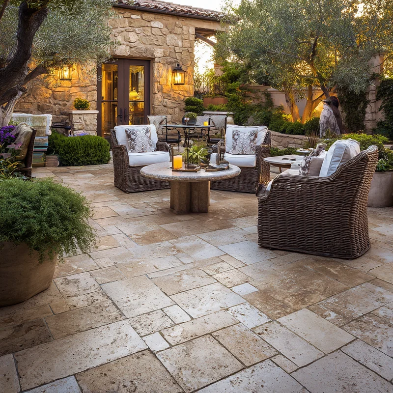 Outdoor patio with rustic travertine stone tile in warm earthy tones