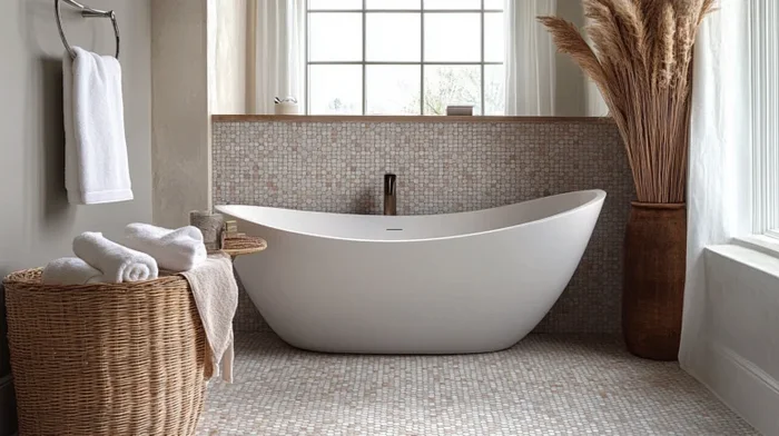 A lavish scene of many materials in a modern bathroom full of penny round mosaic tile.