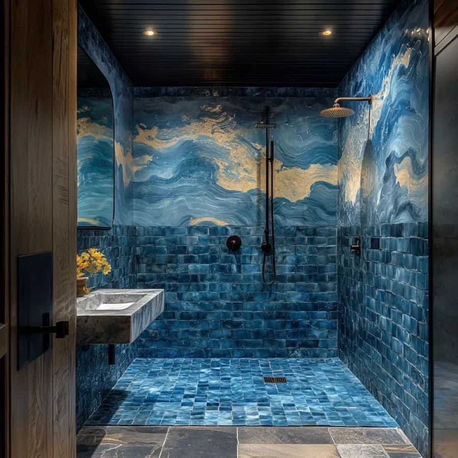 Modern shower space with textured tile rainfall fixtures and calming neutral colors professional architectural photography
