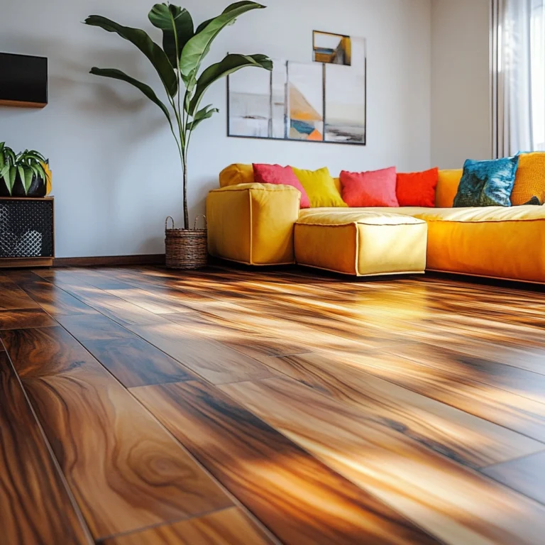 Small Leaf Acacia hardwood flooring lends caramel-and-cocoa luster to a coastal-inspired great room, creating an exotic, relaxed retreat
