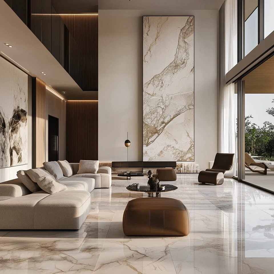 Elegant bathroom featuring stone-look tile soft veining and a calming neutral color palette professional architectural photography
