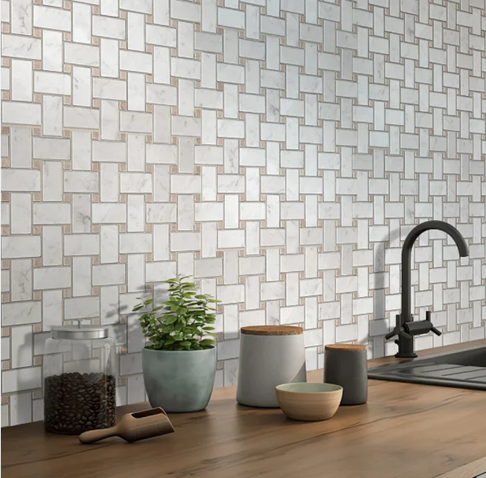 Along a great wall is a wonderful line of bright, clean, modern basketweave mosaic tile.