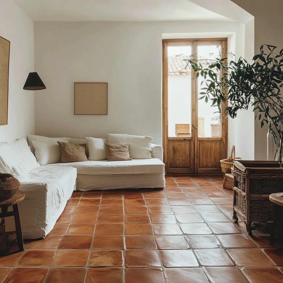 Rustic villa interior with terracotta tile and antique Mediterranean-style furniture professional architectural photography
