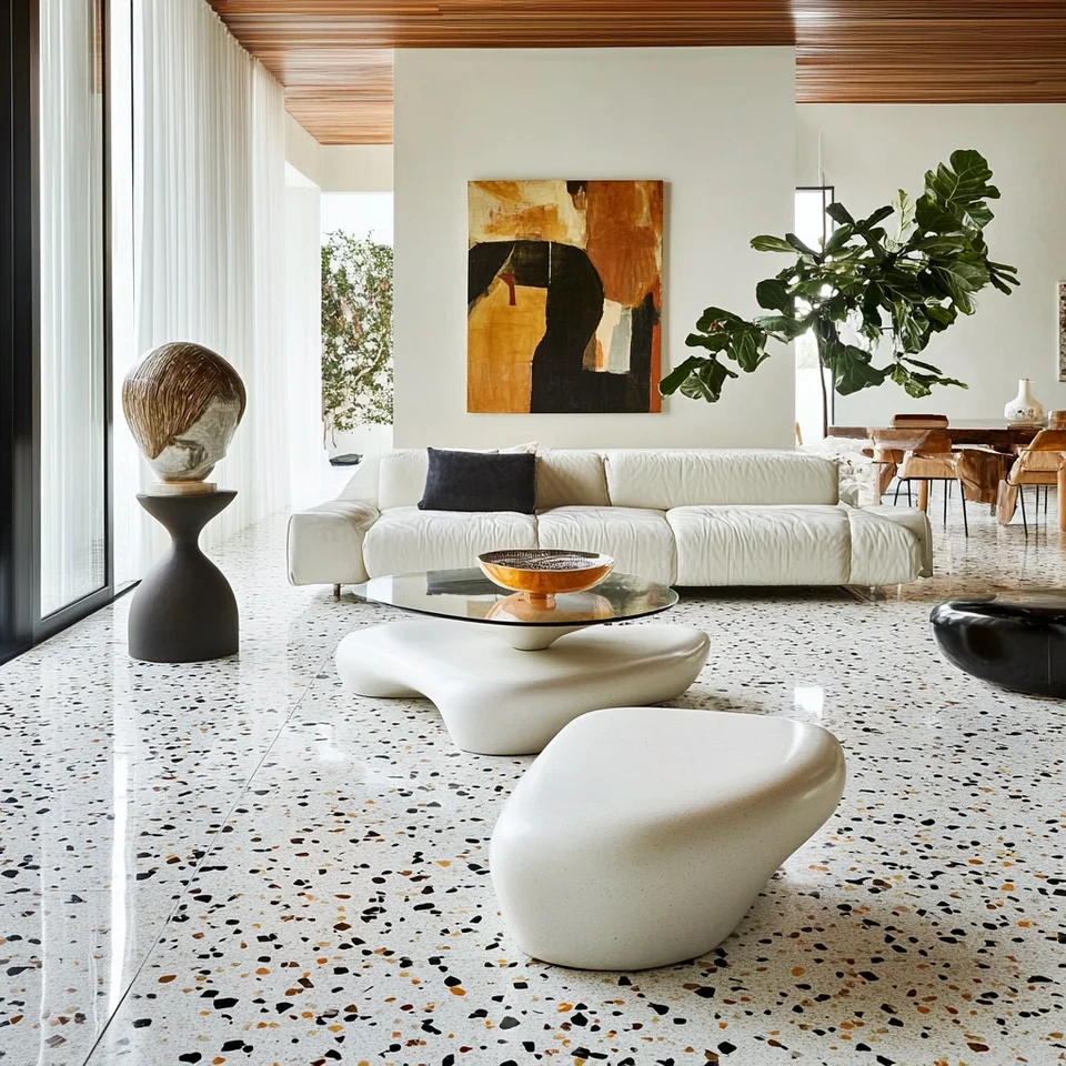 Contemporary kitchen with terrazzo tile floors featuring multicolor flecks and clean cabinetry professional architectural photography
