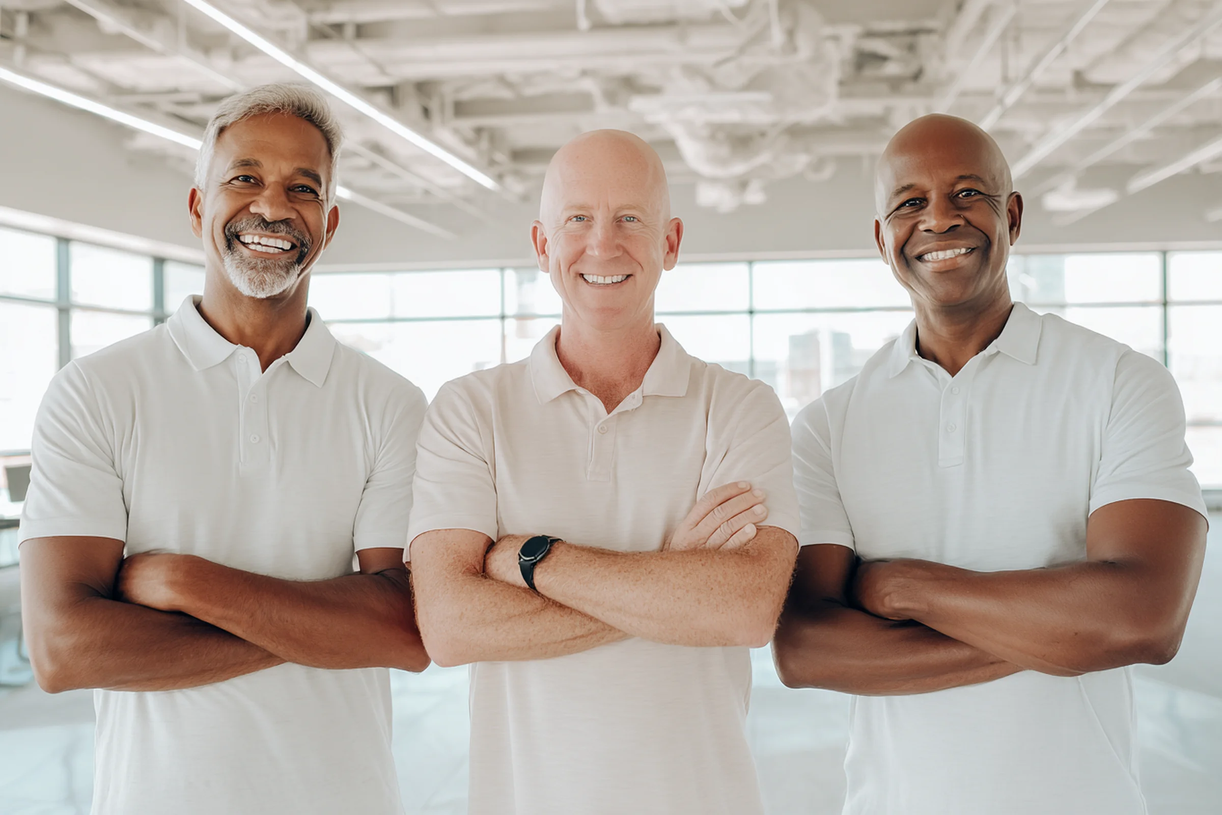 Solidshape co-founders in polo shirts smiling together inside their tile-warehouse showroom.