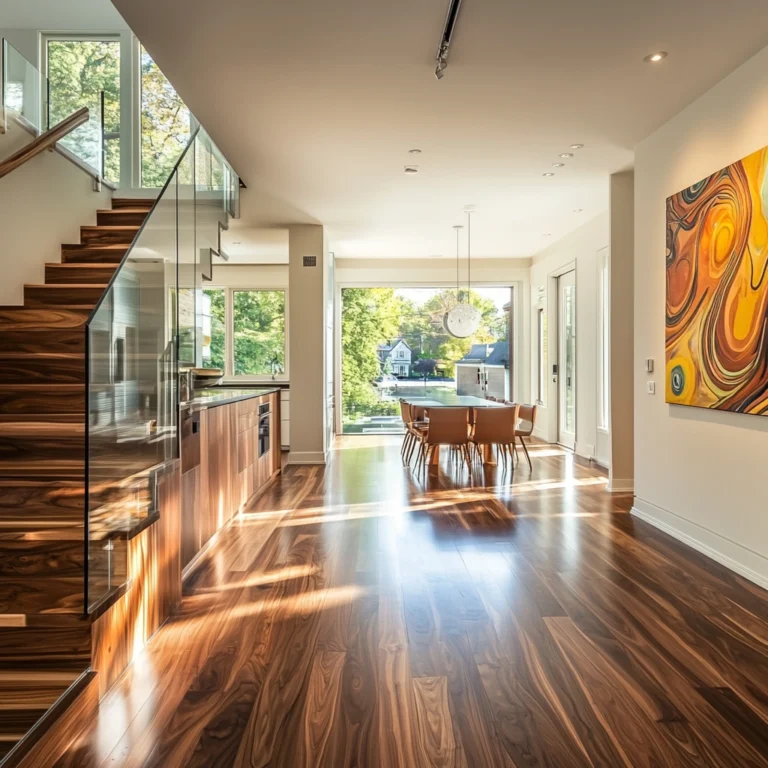 Walnut hardwood floors envelop an upscale home library, deep chocolate tones infusing the space with rich, inviting warmth