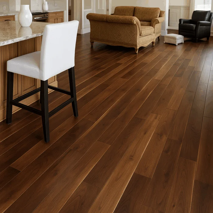 Walnut hardwood grounds a fireside great room in deep chocolate warmth, luxurious swirls of grain echoing the leather seating and aged-brass accents surrounding a stone hearth.
