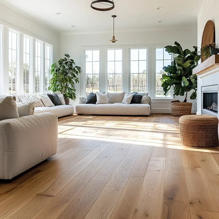 White Oak planks brighten an open farmhouse kitchen, their wide, bright grain reflecting sunlight to create a fresh, breezy backdrop for painted shaker cabinets and stone counters.

