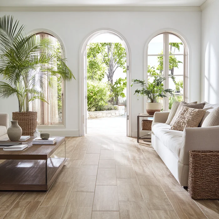 Charcoal stone-look plank kitchen floor beneath island and natural-wood cabinetry with tall windows
