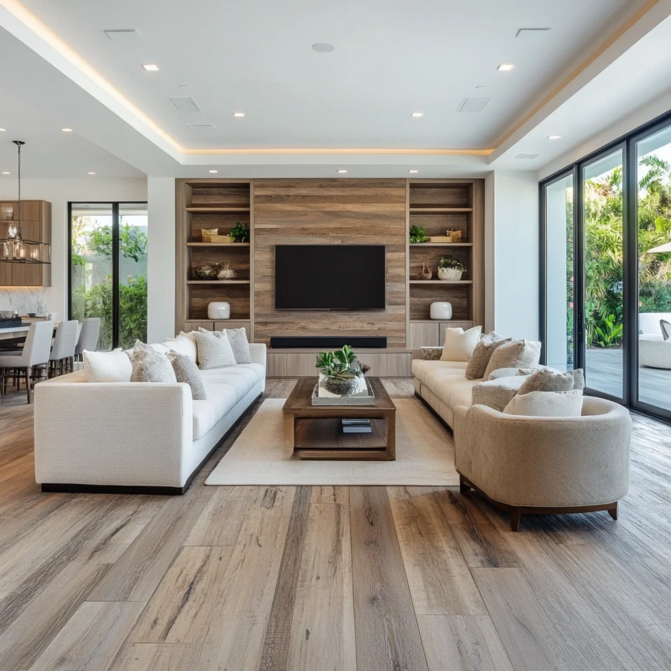 Modern living room with wood-look tile flooring warm earth tones and minimalist decor professional architectural photography
