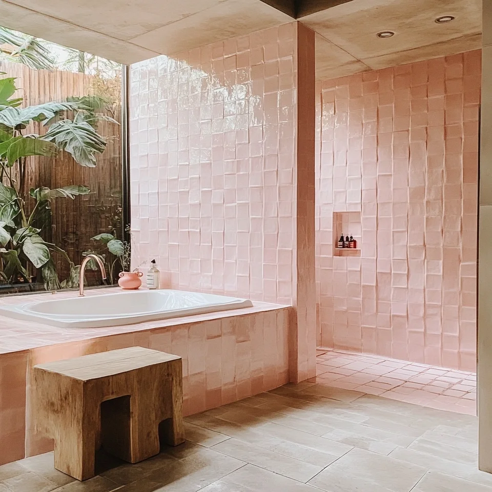 Handmade zellige tile bathroom with warm Mediterranean textures and soft natural lighting professional architectural photography
