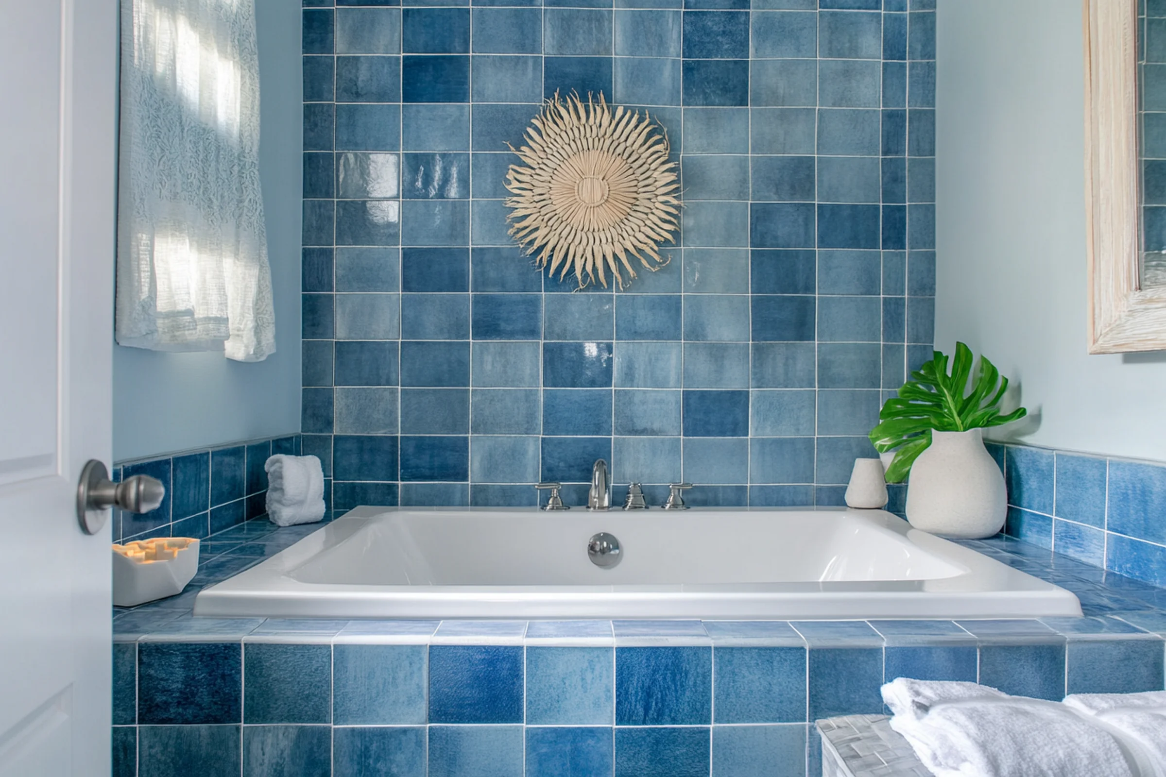 Versatile blue tile works in bathrooms, kitchens, and floors