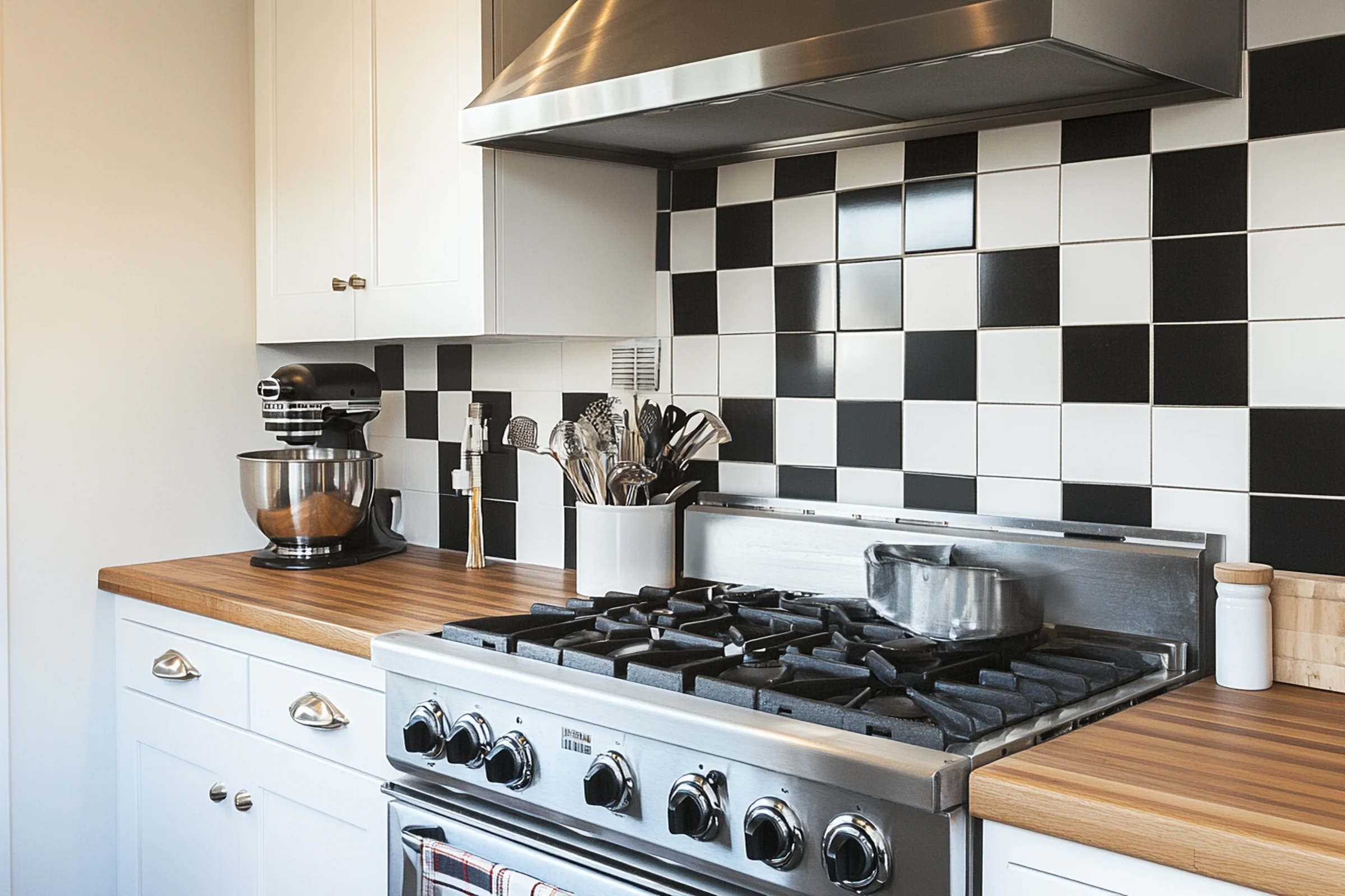 Checkerboard pattern adds contrast to kitchen backsplashes