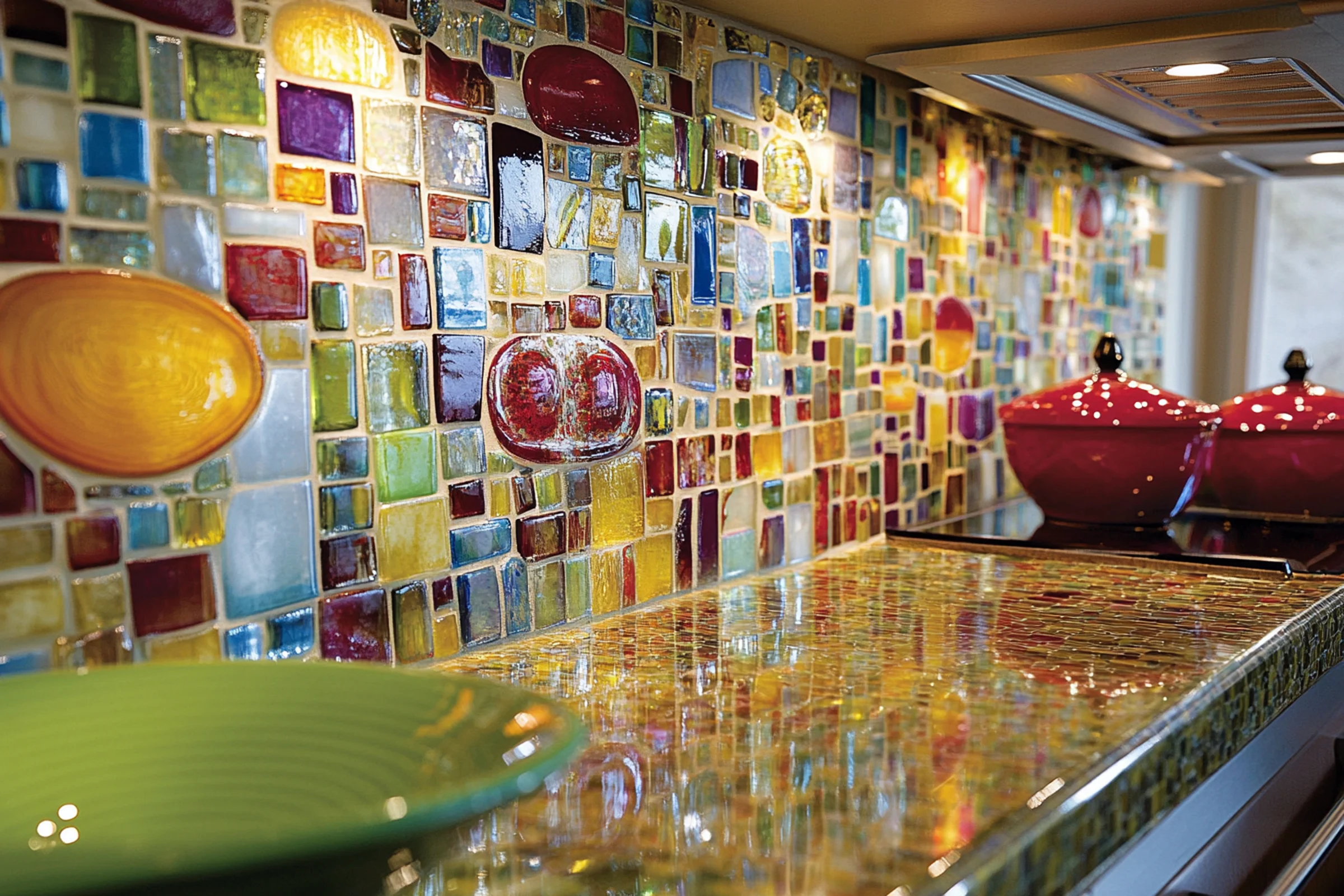 Kitchen backsplash with multicolored mosaic accent wall