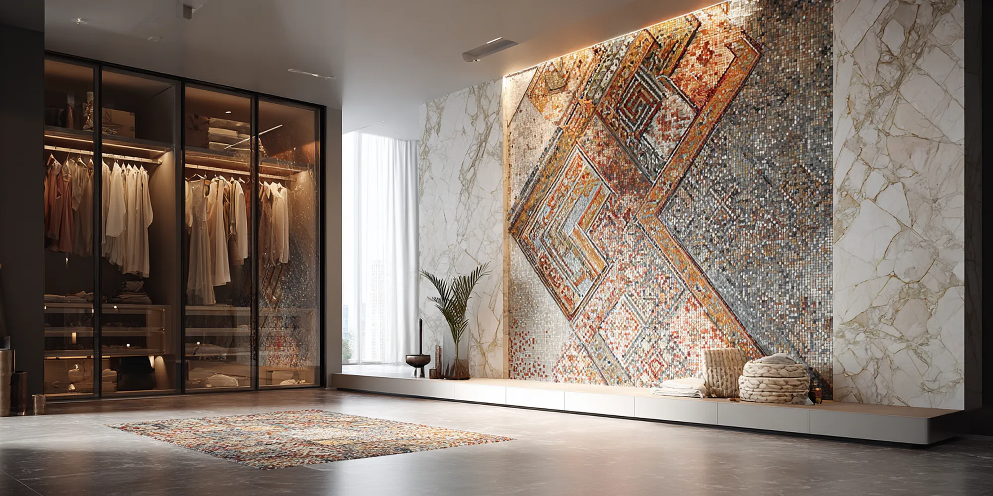 Marble tile mosaics, luxurious bathroom floors, timeless elegance.