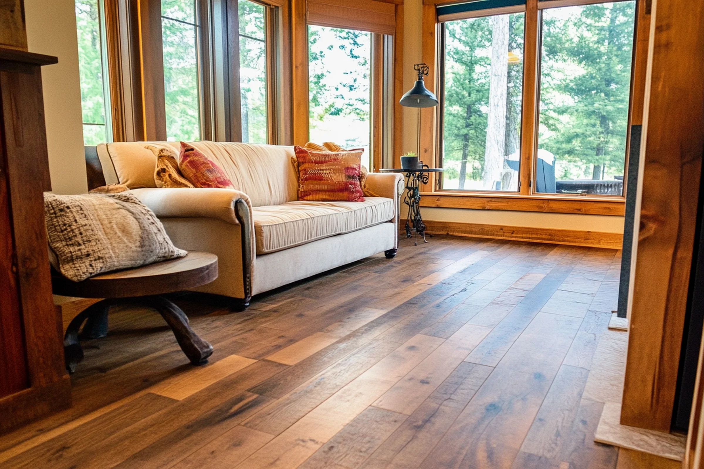 Detail of medium warm brown luxury vinyl with realistic grain