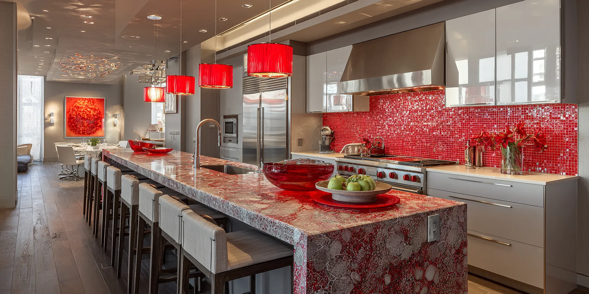 Glass tile mosaics, perfect for colorful kitchen styles, easy maintenance.