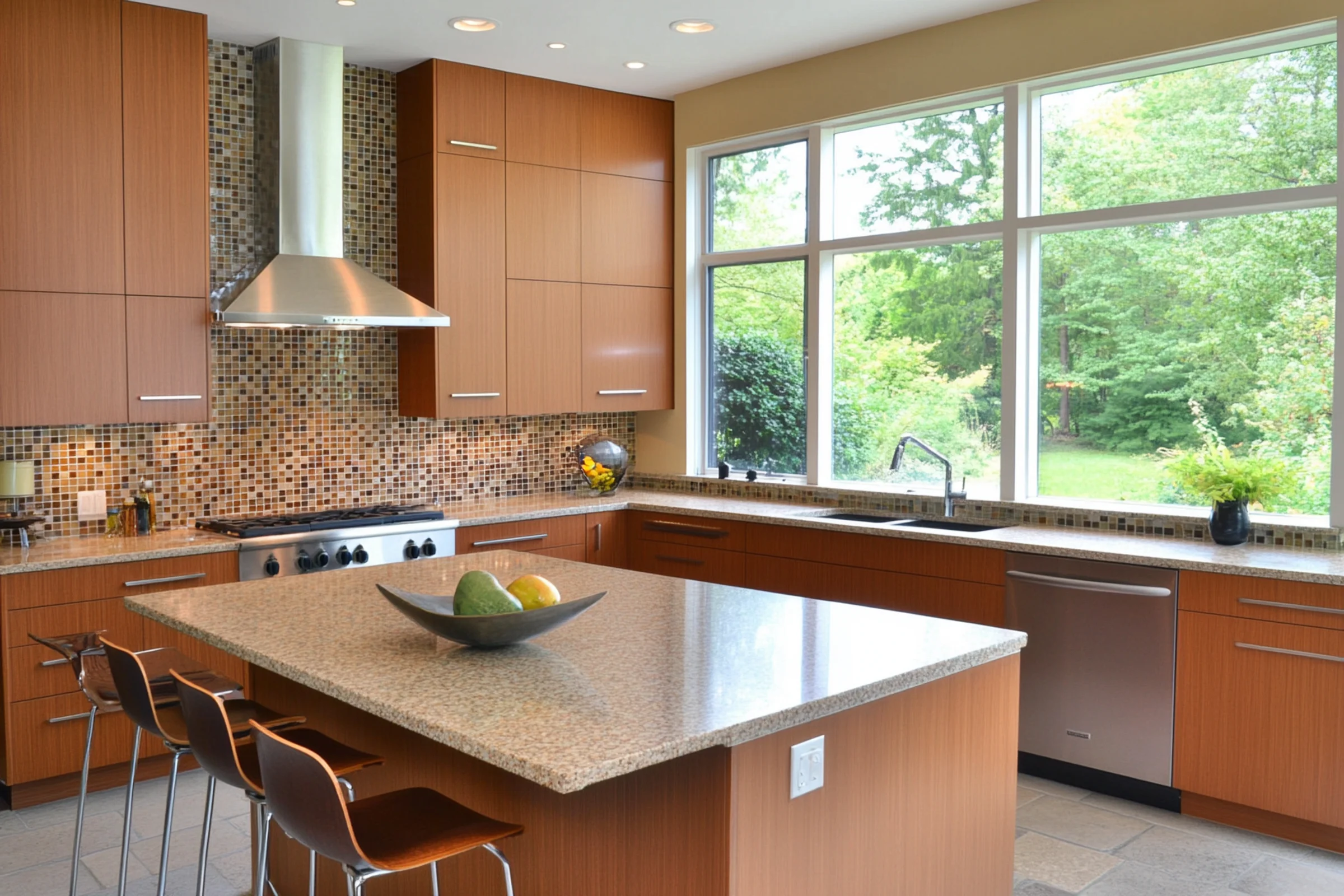 Square mosaics used in a modern kitchen backsplash