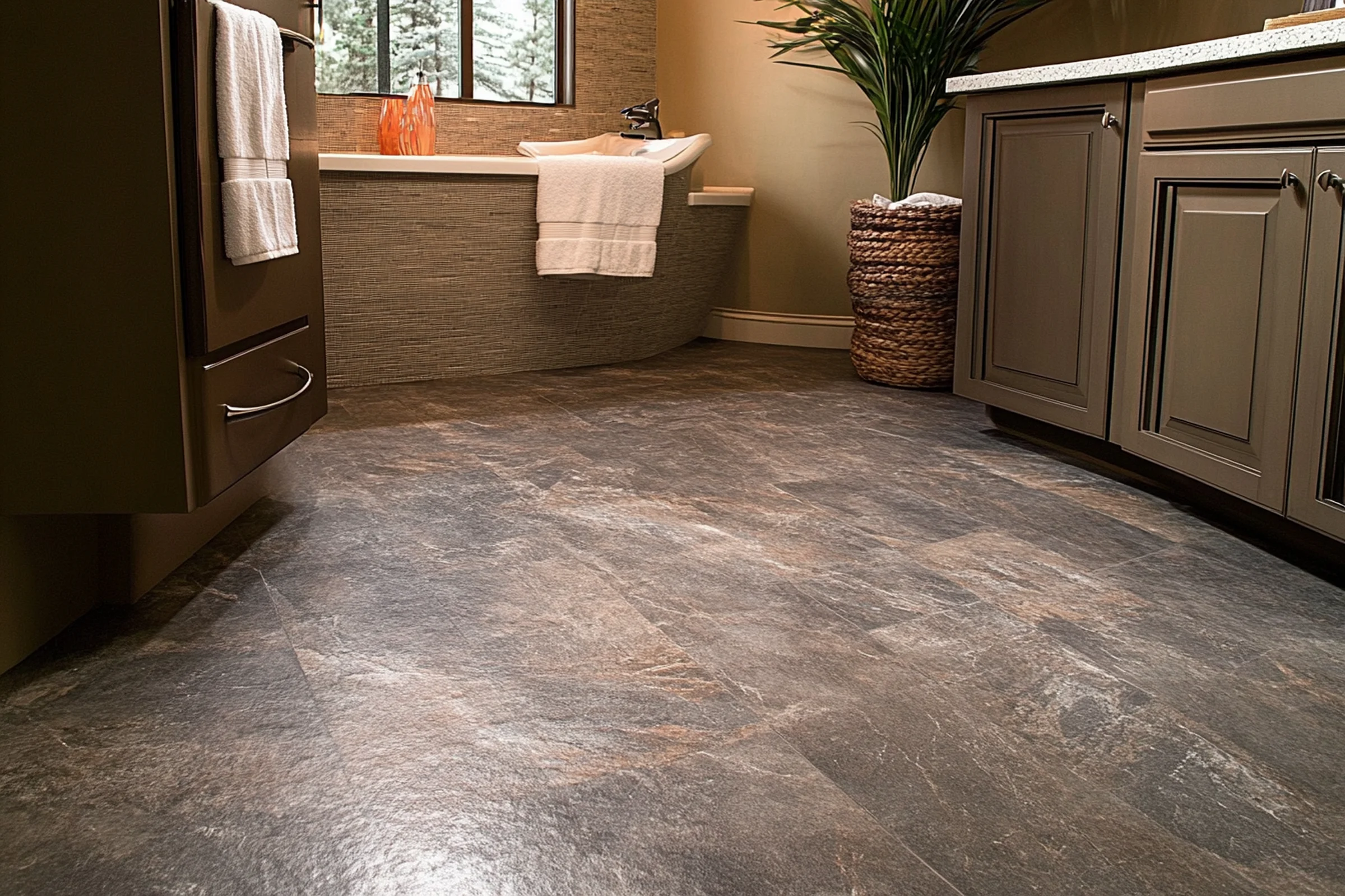 Square luxury vinyl tile featuring realistic stone pattern and subtle veining