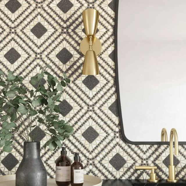 Atrium Myra Beige & Basalt 15.75x15.75 Honed Marble Mosaic