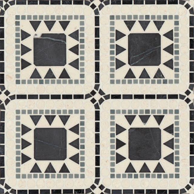 Atrium Nero Marquina, Bardiglio & Myra Beige 15.75x15.75 Honed Marble Mosaic