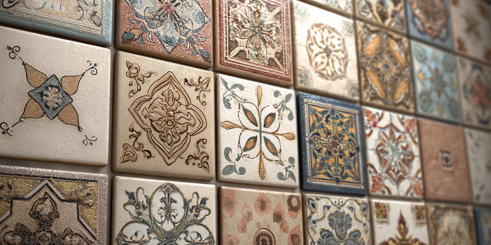 A collection of elegant mosaics featuring beige hues and artistic designs.