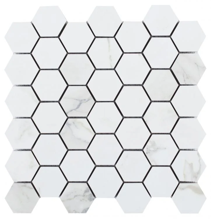 Calacatta Dorado 2x2 Hexagon Matte Marble Look Porcelain Mosaic