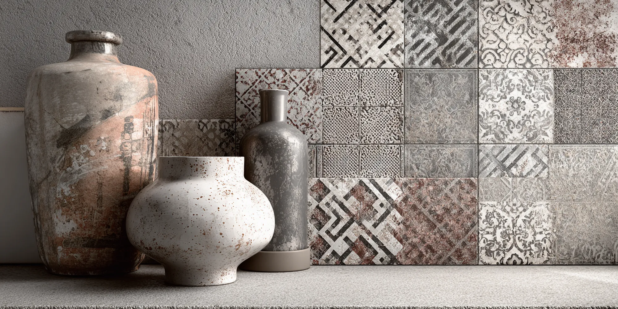 Concrete-look Sheet Mosaics feature stylish patterns that enhance interior aesthetics.
